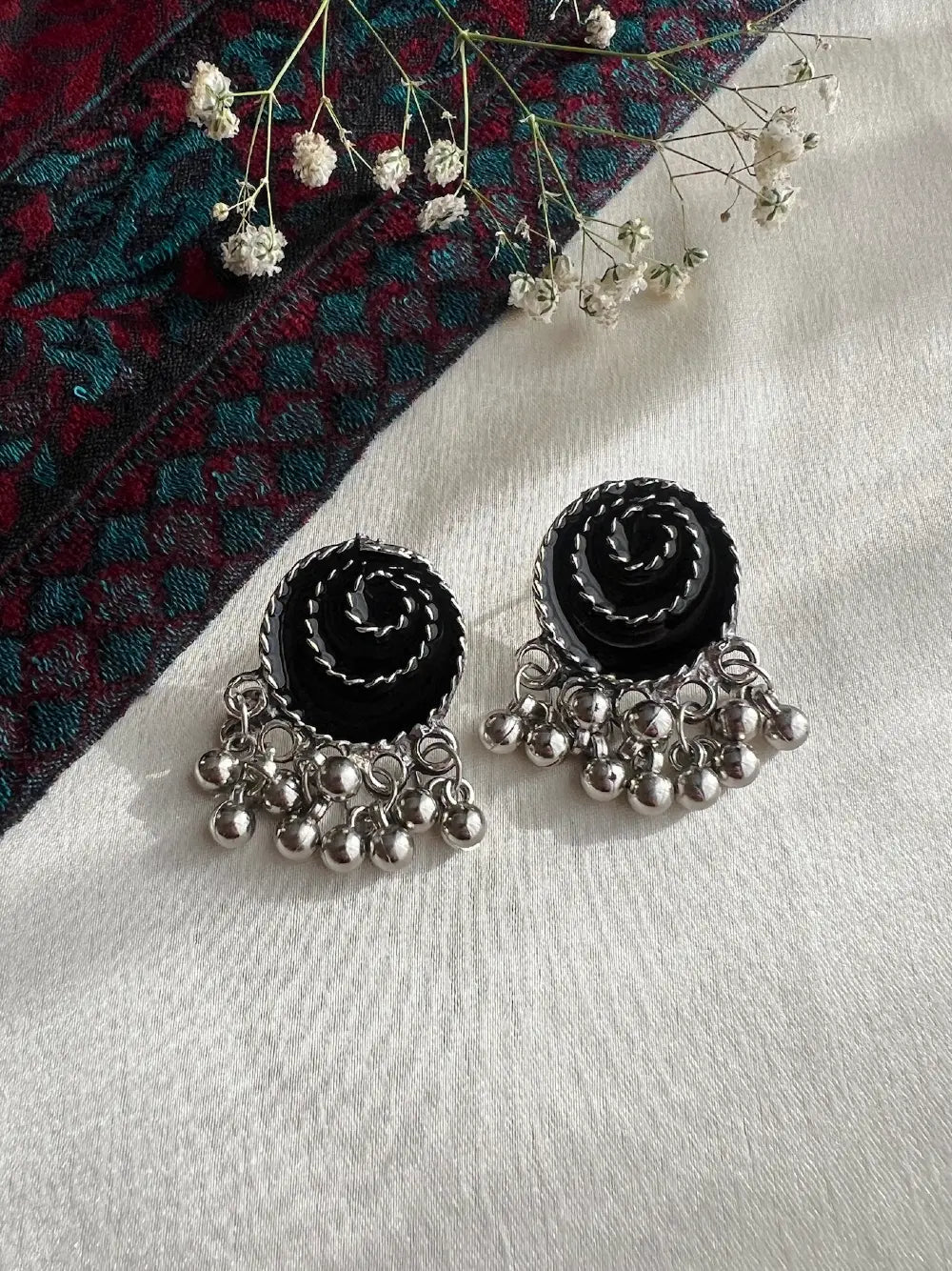 Oxidised Black Enamel Spiral Earrings with Silver Beaded Drops