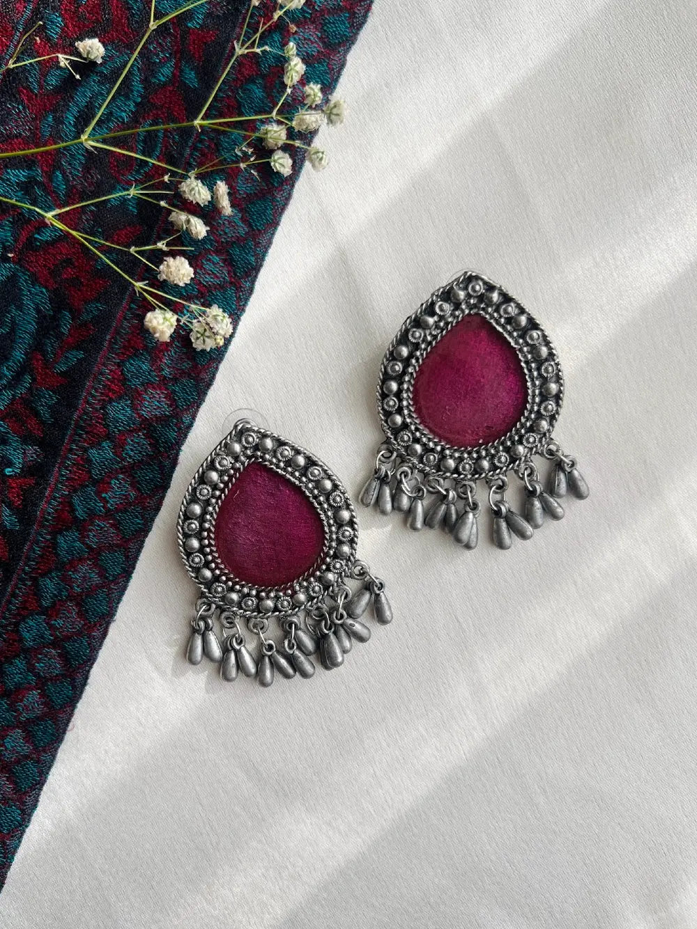 Oxidised Silver-Plated Earrings with Red-Maroon Enamel and Beaded Drops