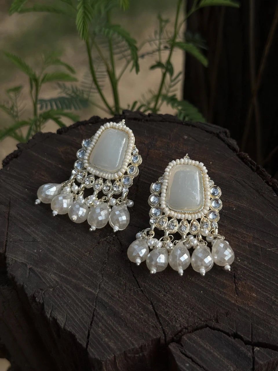 Handcrafted- White Pearl Stoned Polki Drops