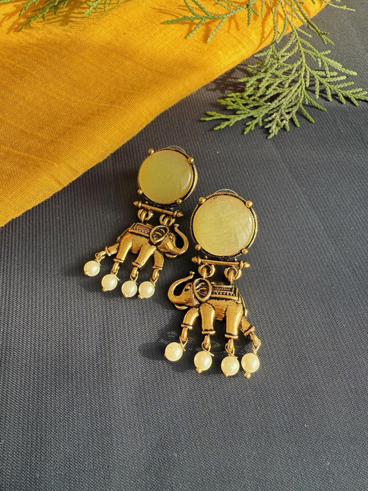 Antique Elephant Gold Plated Stoned Pearl Drops