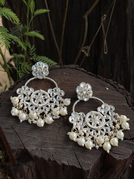 Antique Silver-Plated Floral Earrings with Pearl Accents