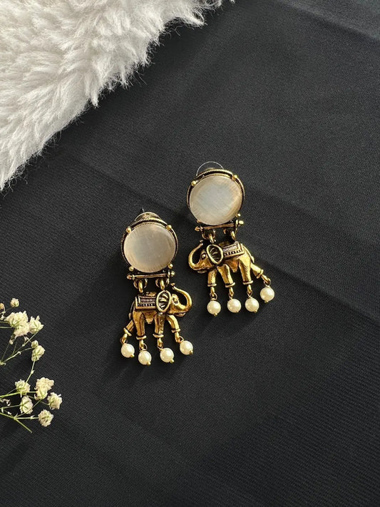 Antique Elephant Gold Plated Stoned Pearl Drops