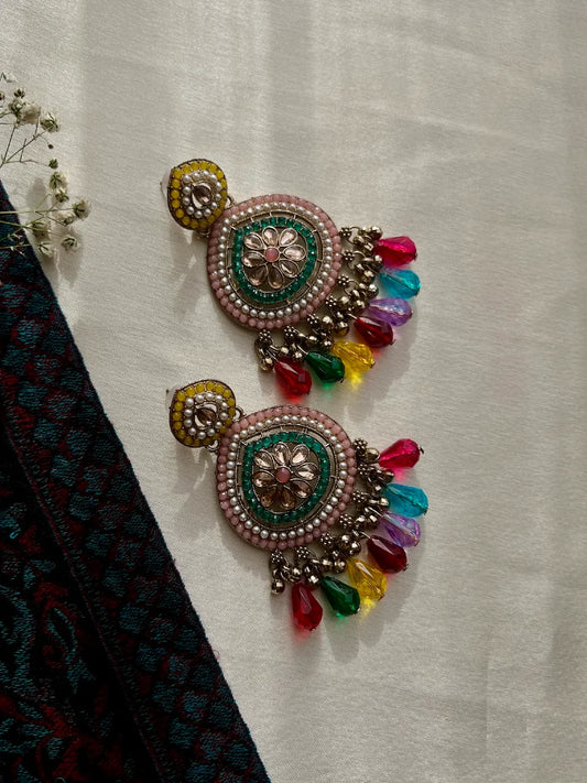 Handcrafted Antique Multi-Coloured Earrings with Crystal Pearls