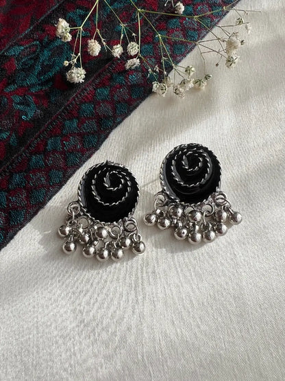 Oxidised Black Enamel Spiral Earrings with Silver Beaded Drops
