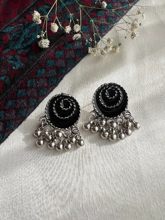 Oxidised Black Enamel Spiral Earrings with Silver Beaded Drops