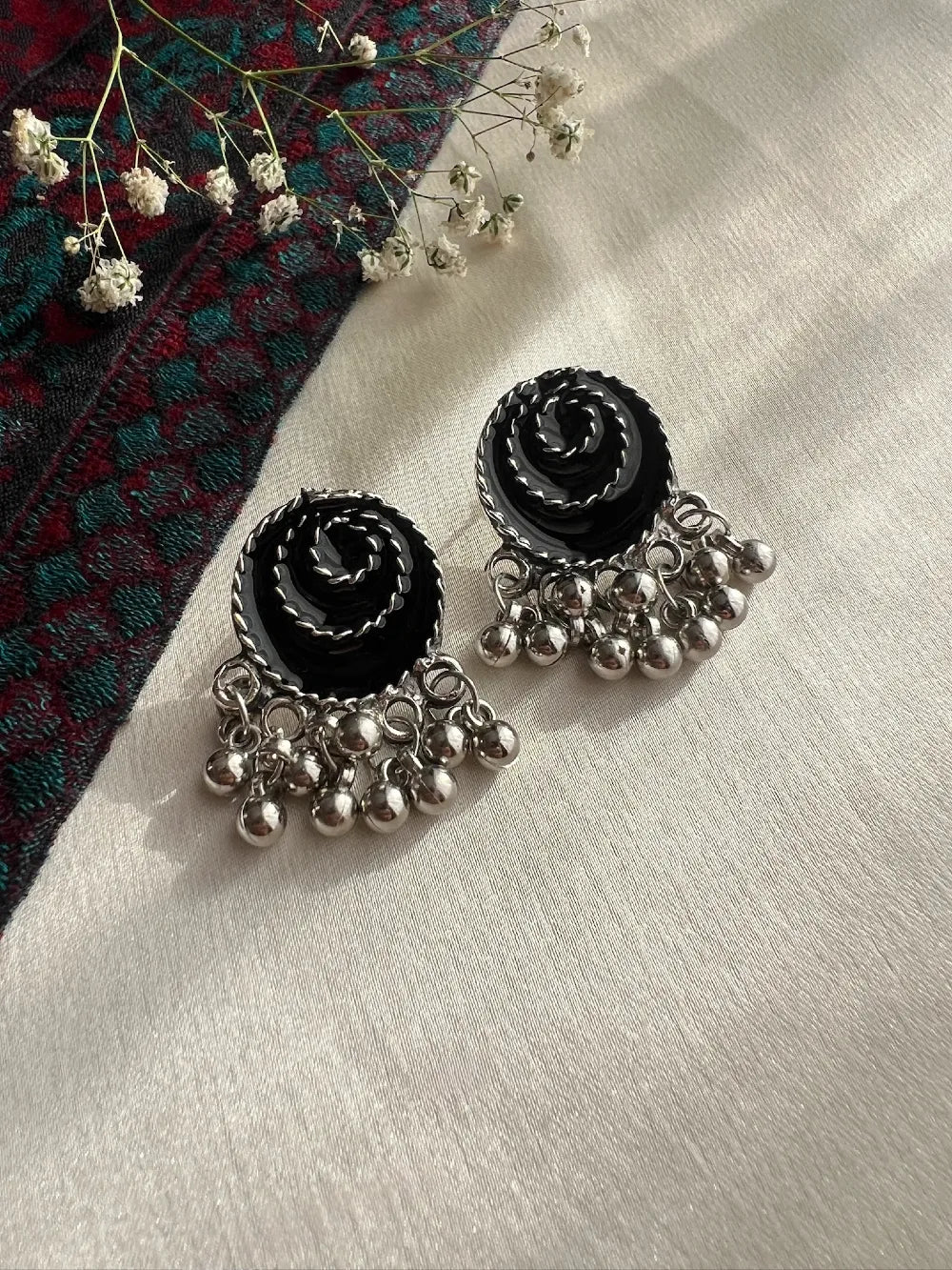 Oxidised Black Enamel Spiral Earrings with Silver Beaded Drops