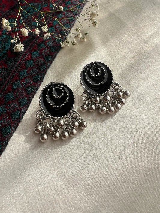 Oxidised Black Enamel Spiral Earrings with Silver Beaded Drops
