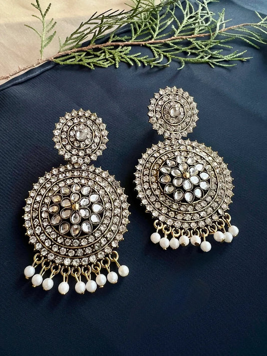 Silver Plated- Kundan Earring Pearl Drops