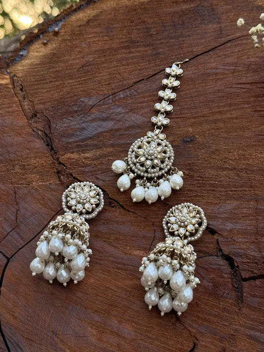 Handcrafted- Gold Plated Pearl Earrings With Maang Tikka Set
