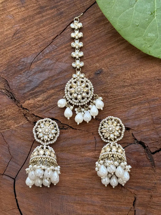 Handcrafted- Gold Plated Pearl Earrings With Maang Tikka Set