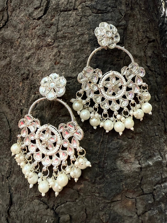 Antique Silver-Plated Floral Dangler Earrings with Pearl Accents