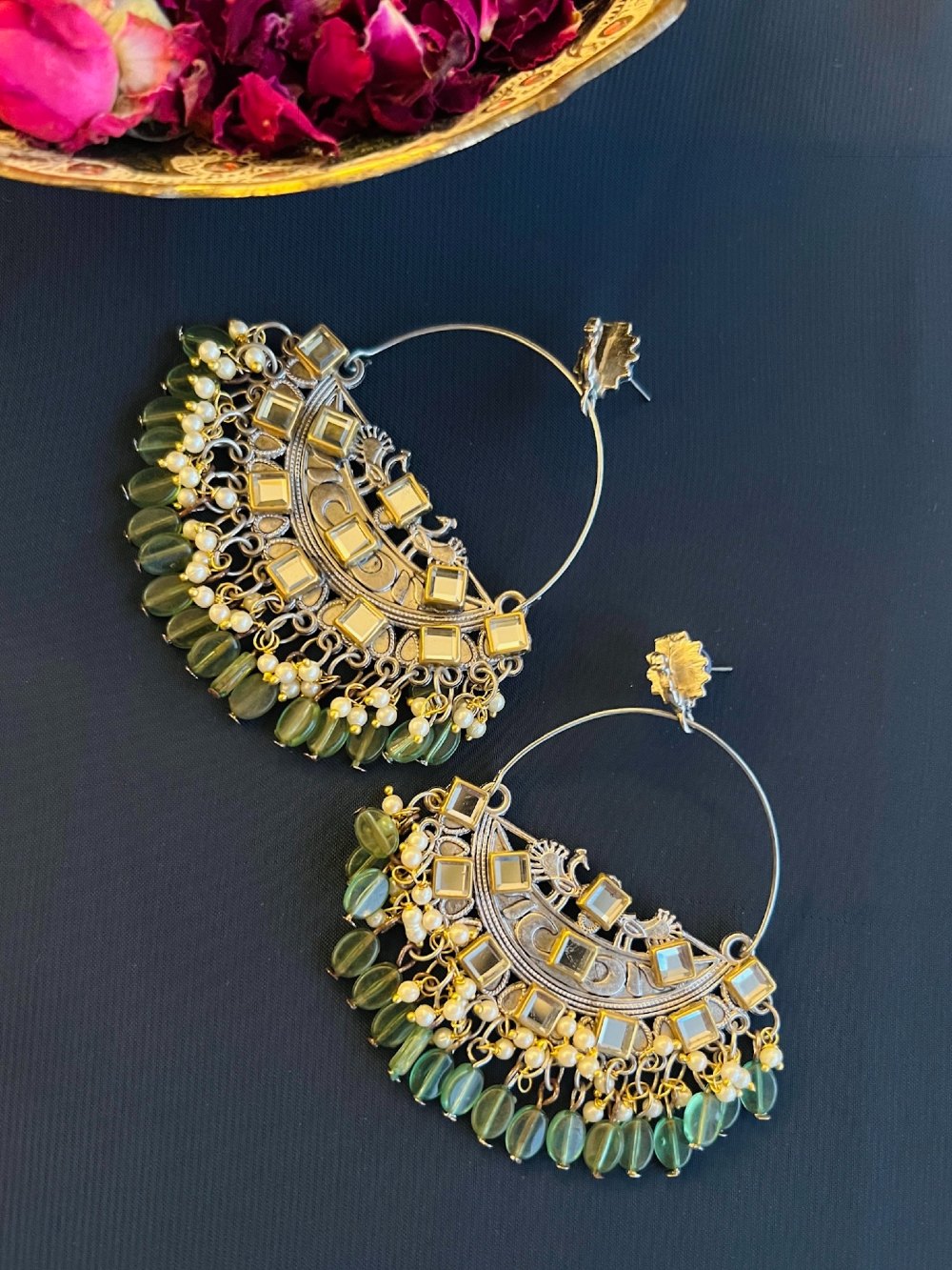 Gold-Plated Chandbalis with Green Pearl Accents