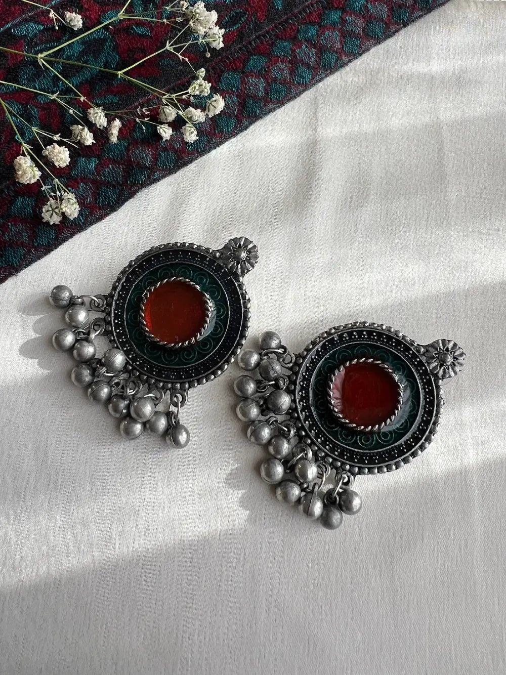 Boho- Oxidised Red Stoned Drop Earrings