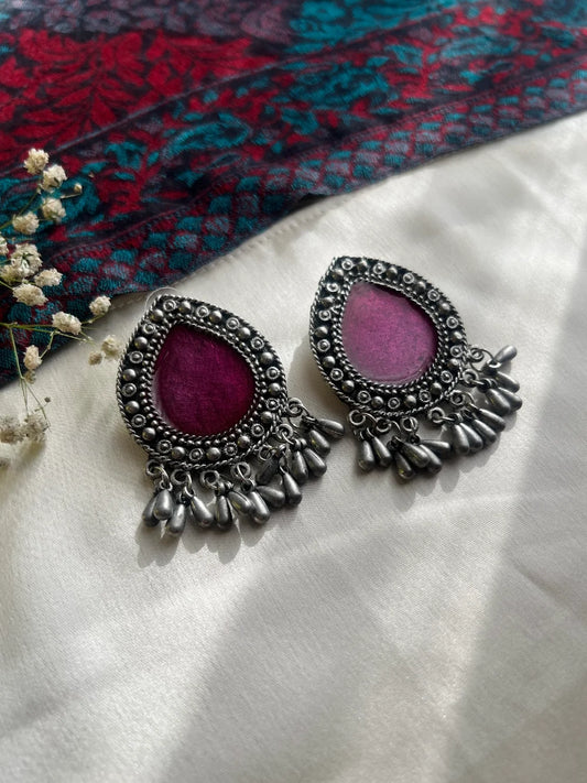 Oxidised Silver-Plated Earrings with Red-Maroon Enamel and Beaded Drops
