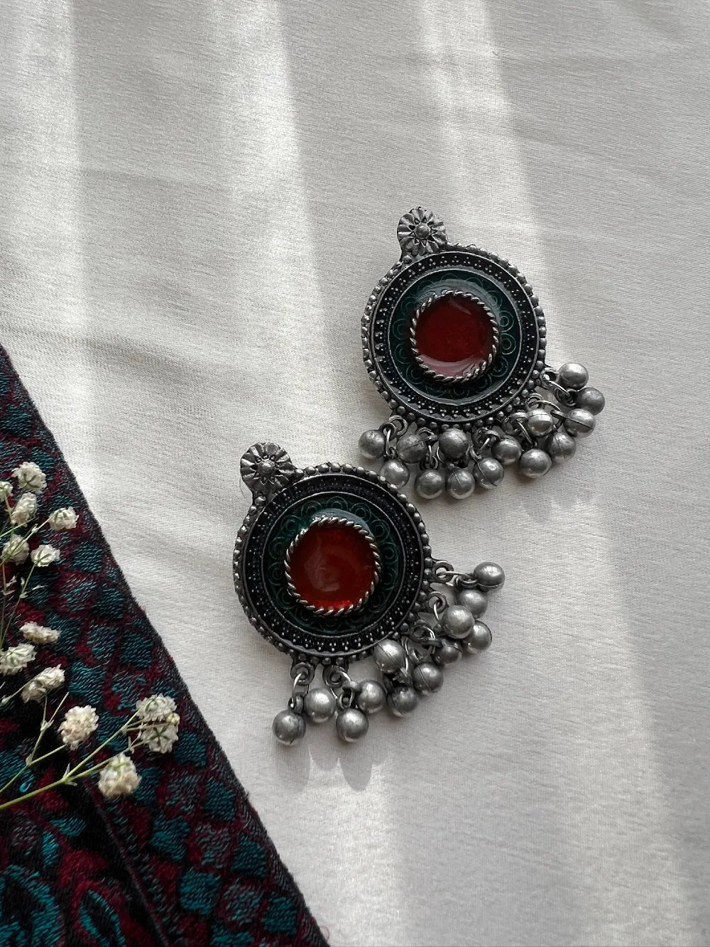 Boho- Oxidised Red Stoned Drop Earrings