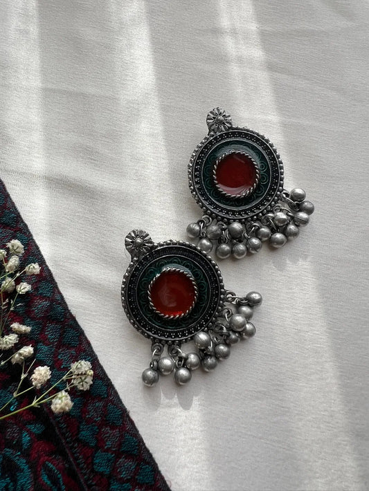 Boho- Oxidised Red Stoned Drop Earrings