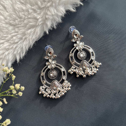 Oxidised Round Earrings with Floral Design and Pearl Drops - Perfect for  Parties