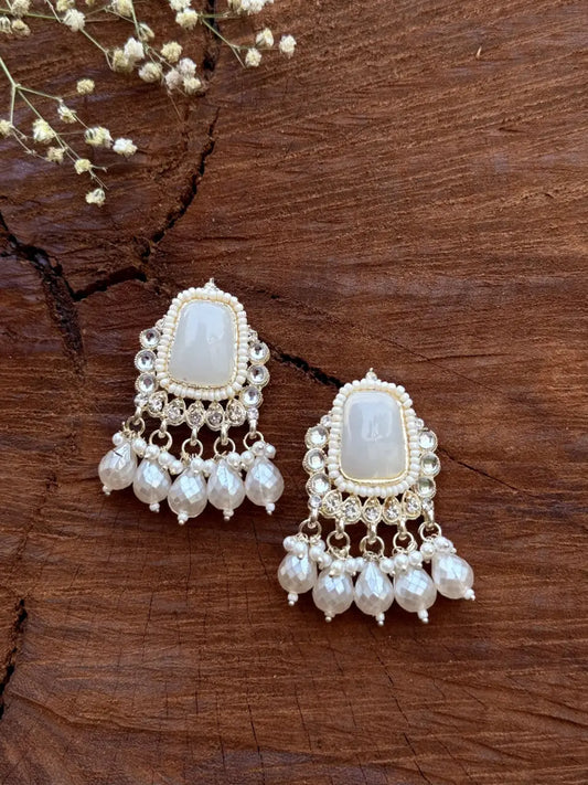 Handcrafted- White Pearl Stoned Polki Drops
