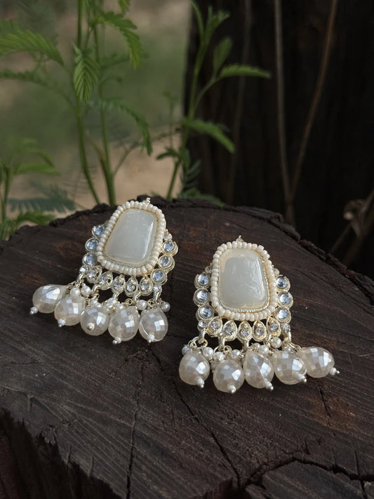Handcrafted- White Pearl Stoned Polki Drops